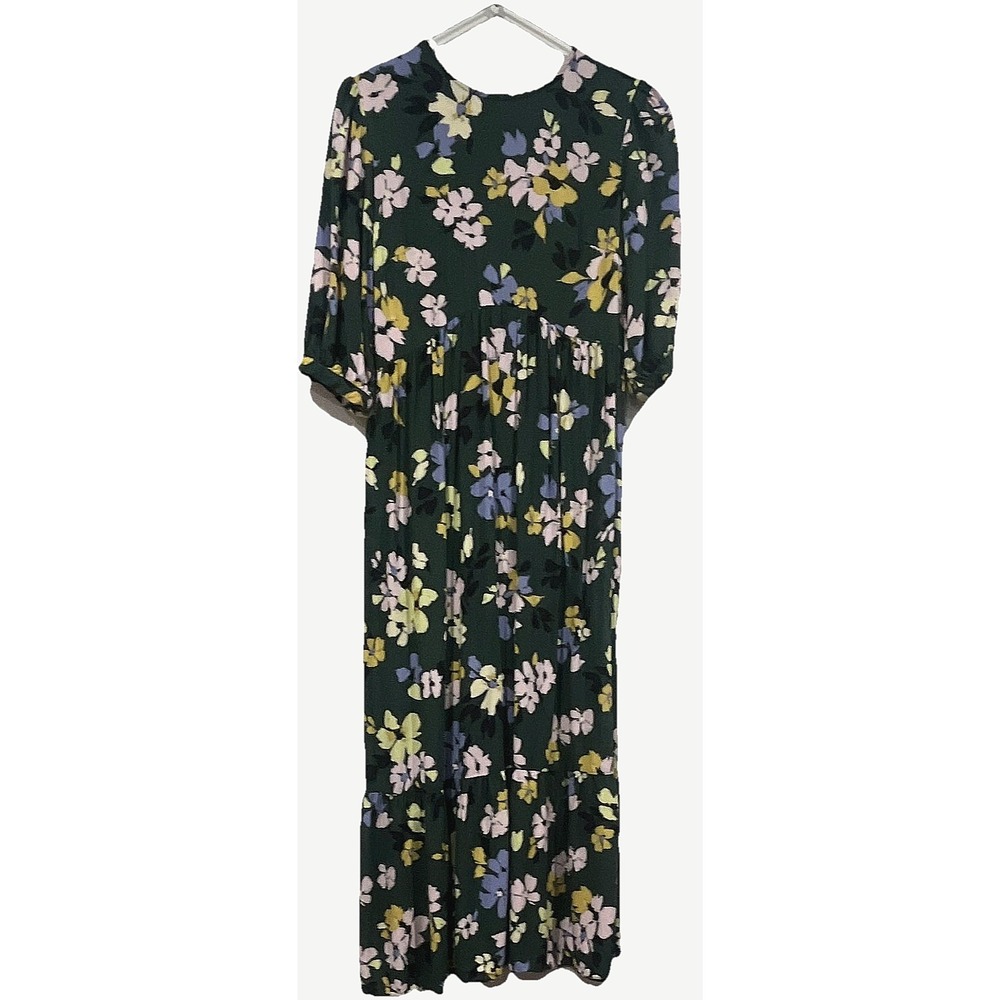 Womens Floral Empire Waist Maxi Dress Green Pink Yellow Puff Sleeve Tiered Skirt